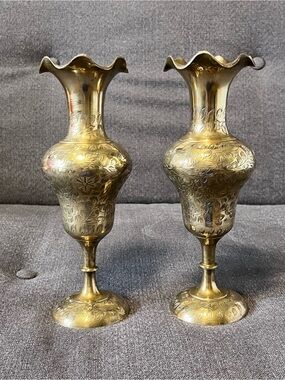 Set of 2 Vintage Solid Brass Floral Etched Vases 9” Tall Fluted Made In India